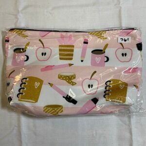 The Pouch Cosmetic Bag Womens Small Pink NWT Stationery Print Zipper Pouch 8x5